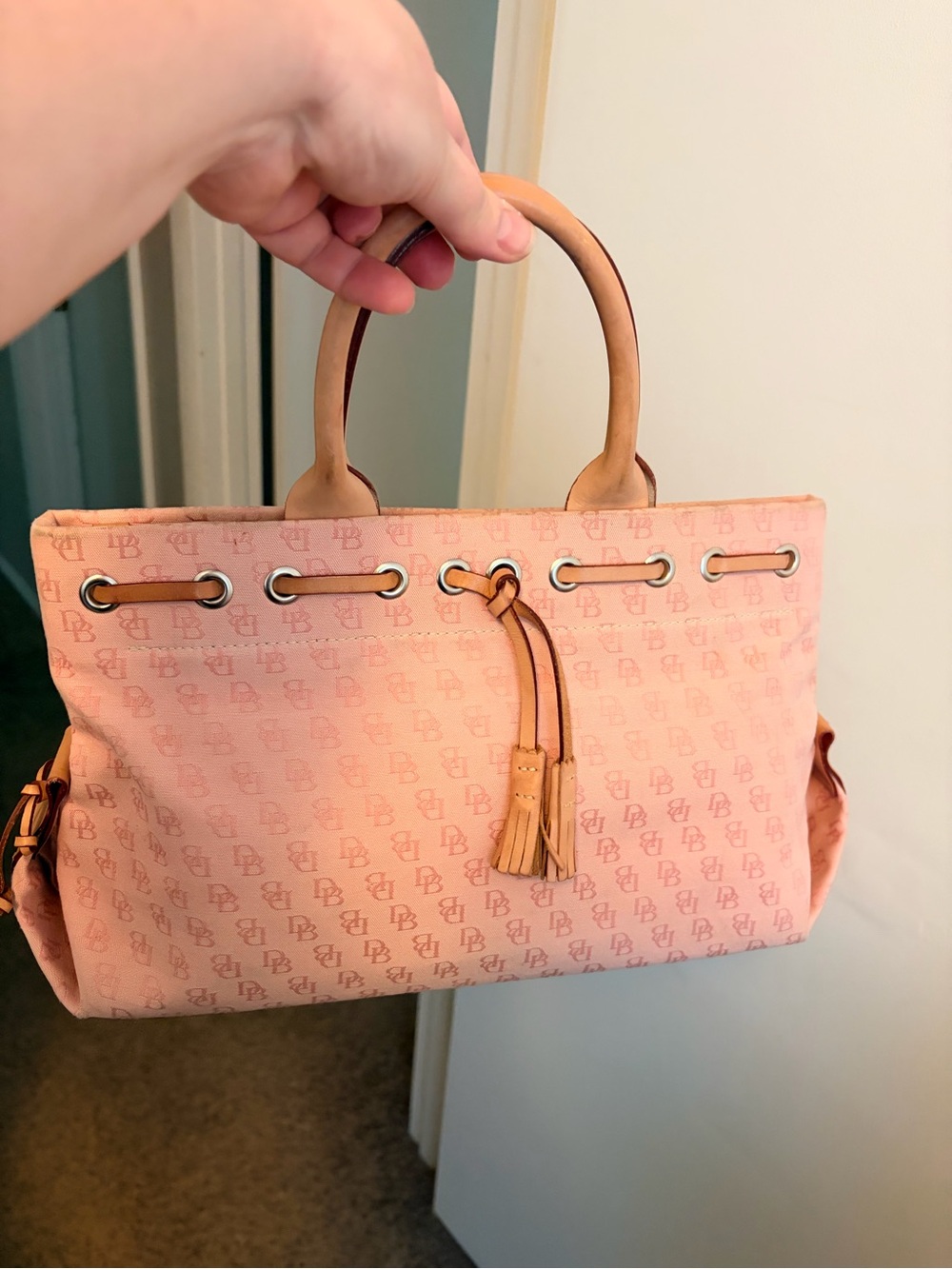 Vintage Dooney & Bourke Pink Monogram Tassel Tote Canvas Satchel Handbag